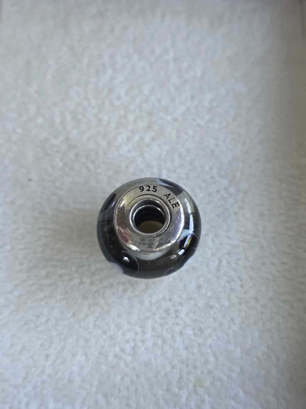Pandora Gray Glass Charm with Black and White Dots